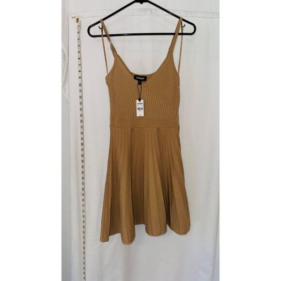 Express Fit & Flare Sweater Dress Women Medium Tan Polyester Corduroy Wide Strap - Picture 1 of 7